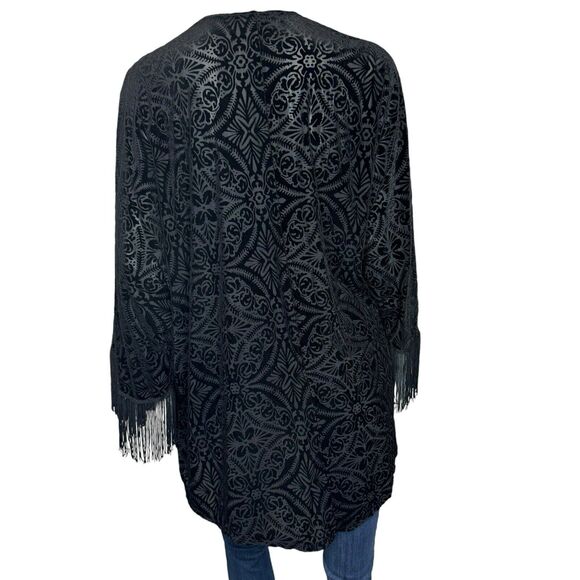 CACHE’ Size S Black Velvet Burnout Fringe Trim Kimono Whimsigoth Witchy - Picture 5 of 10